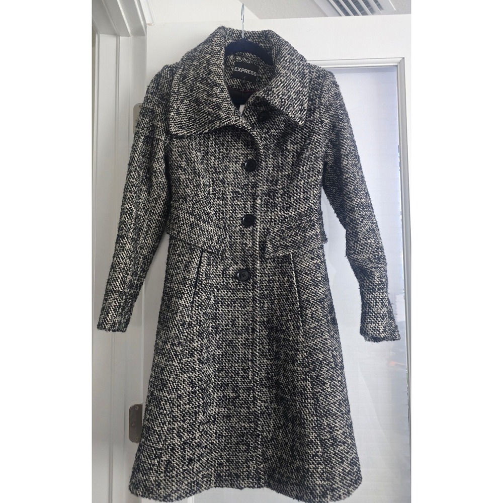Express Womens XS Black White Tweed Wool Blend Long Trench Pea Coat